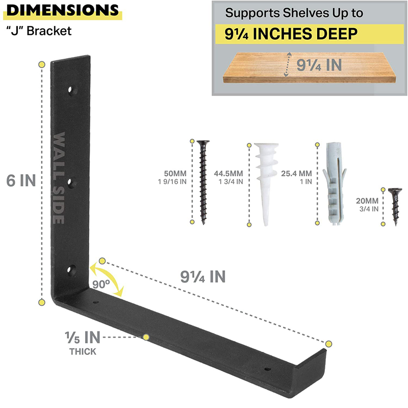 8 In. Black J Steel Shelf Bracket