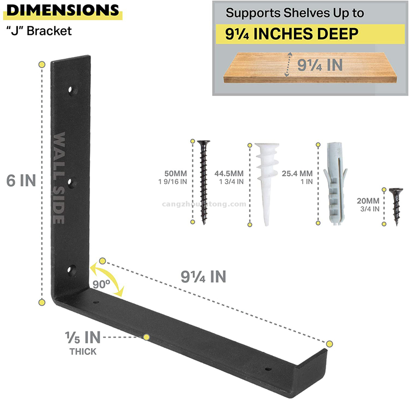 Black Sturdy Iron Metal J Bracket for DIY Open Shelving
