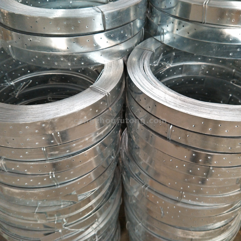 Perforated steel strips bend tensioner strap for wood building construction